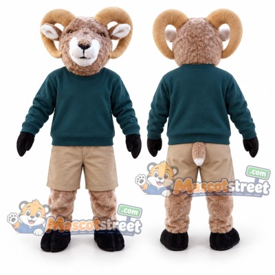 Brown Ram Mascot Costume with Teal Sweater and Khaki Shorts