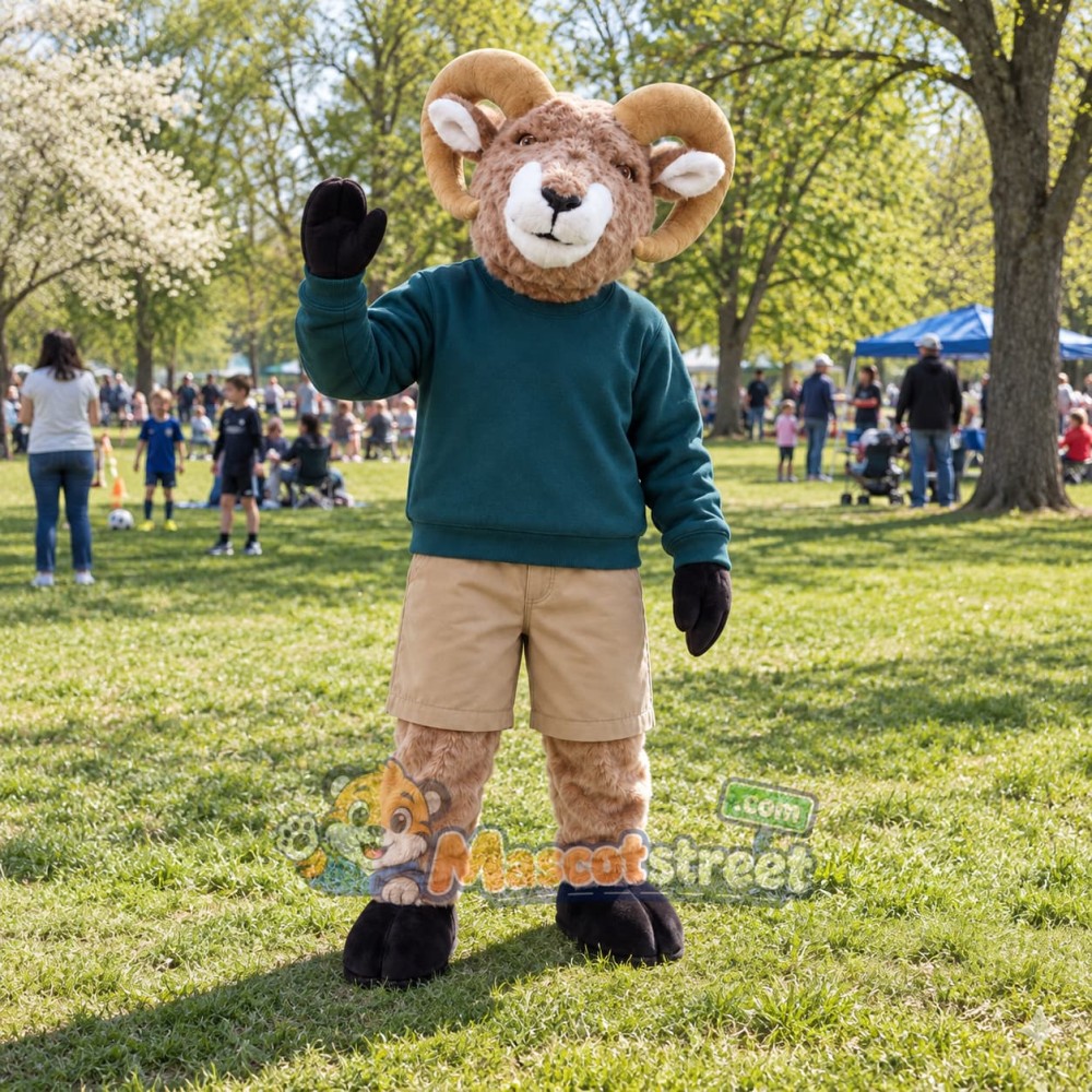 Brown Ram Mascot Costume with Teal Sweater and Khaki Shorts