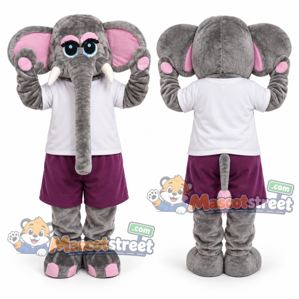 Gray Elephant Mascot Costume with White Shirt and Purple Shorts
