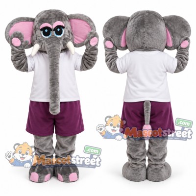 Gray Elephant Mascot Costume with White Shirt and Purple Shorts