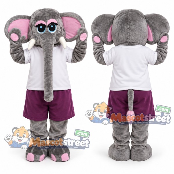 Gray Elephant Mascot Costume with White Shirt and Purple Shorts