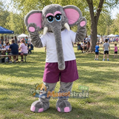 Gray Elephant Mascot Costume with White Shirt and Purple Shorts