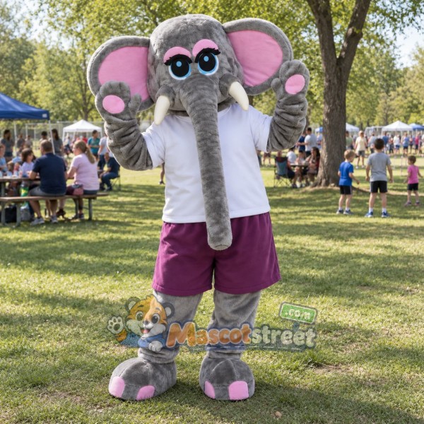 Gray Elephant Mascot Costume with White Shirt and Purple Shorts