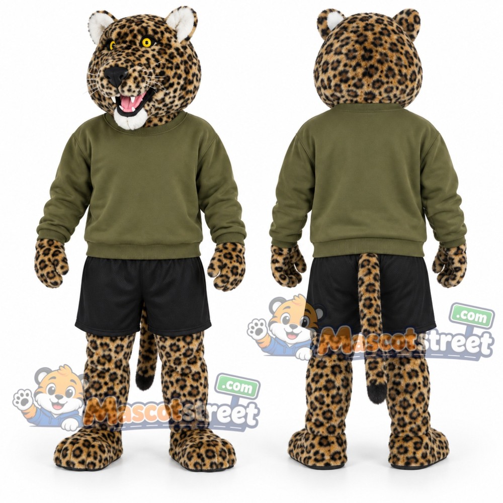 Spotted Leopard Mascot Costume with Green Sweater and Black Shorts Spotted Leopard Mascot Costume with Green Sweater and Black Shorts