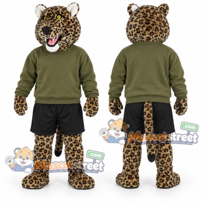 Spotted Leopard Mascot Costume with Green Sweater and Black Shorts Spotted Leopard Mascot Costume with Green Sweater and Black Shorts
