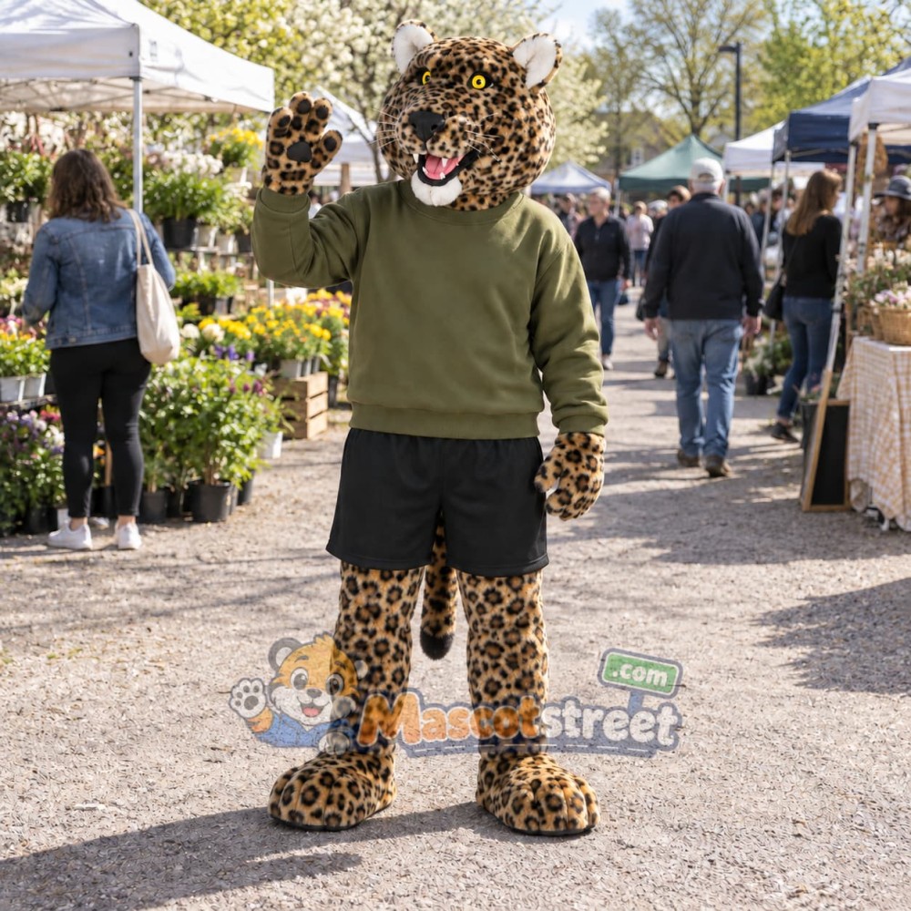 Spotted Leopard Mascot Costume with Green Sweater and Black Shorts Spotted Leopard Mascot Costume with Green Sweater and Black Shorts