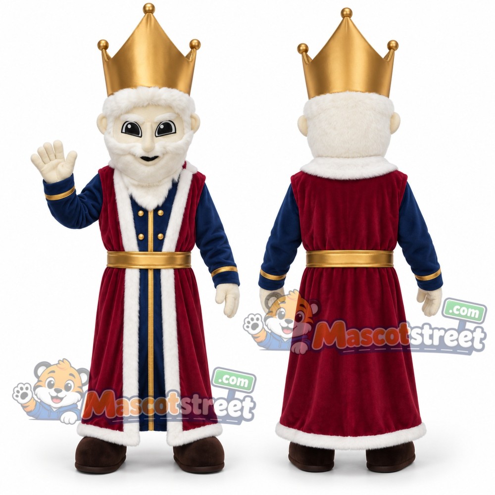 King Mascot Costume with Crown and Burgundy Robe
