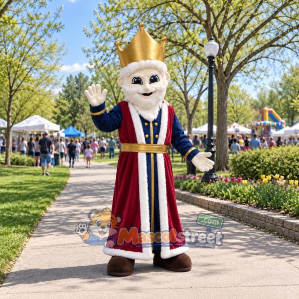 King Mascot Costume with Crown and Burgundy Robe