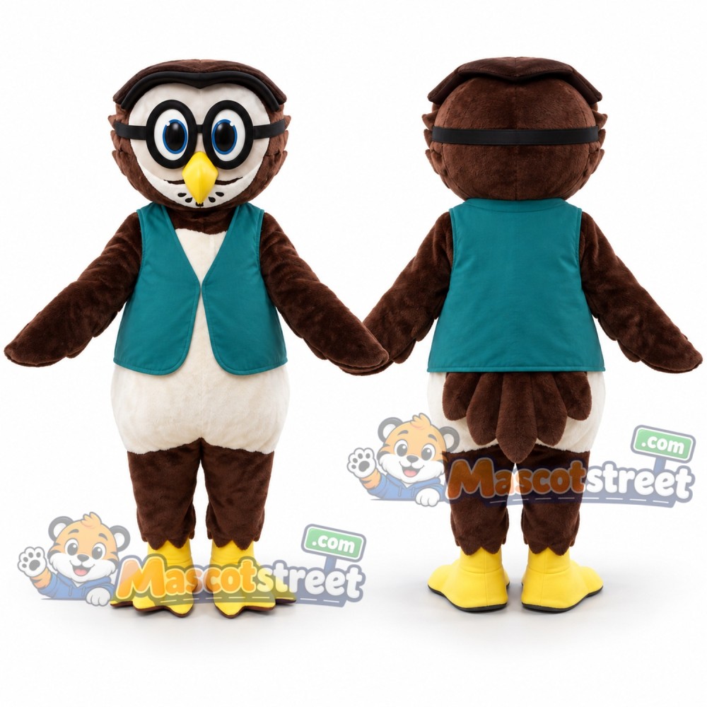 Brown Owl Mascot Costume with Teal Vest and Round Glasses