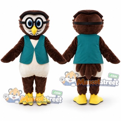 Brown Owl Mascot Costume with Teal Vest and Round Glasses
