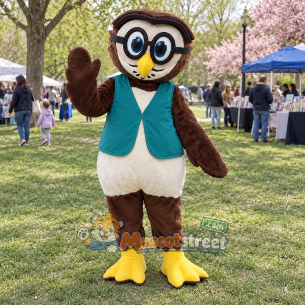 Brown Owl Mascot Costume with Teal Vest and Round Glasses