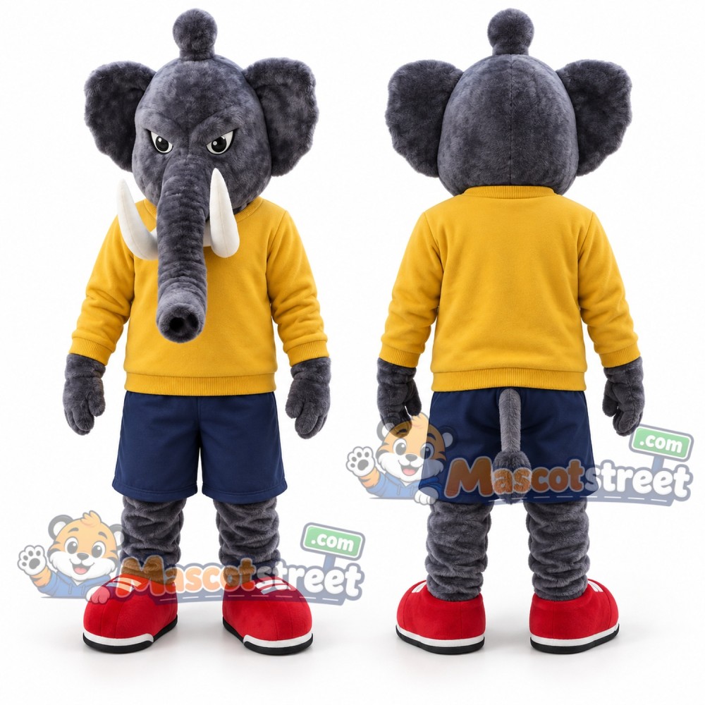 Gray Elephant Mascot Costume with Yellow Shirt and Navy Shorts
