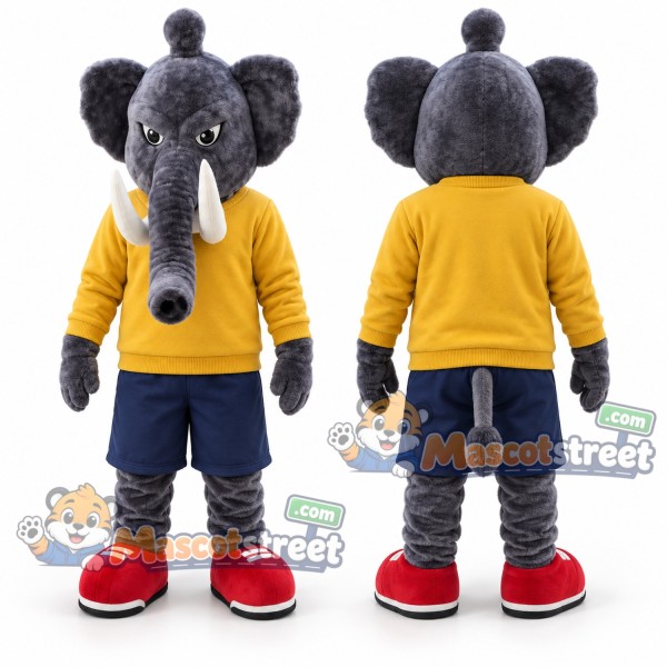 Gray Elephant Mascot Costume with Yellow Shirt and Navy Shorts