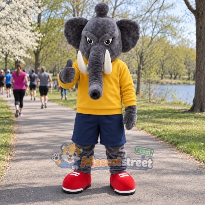 Gray Elephant Mascot Costume with Yellow Shirt and Navy Shorts