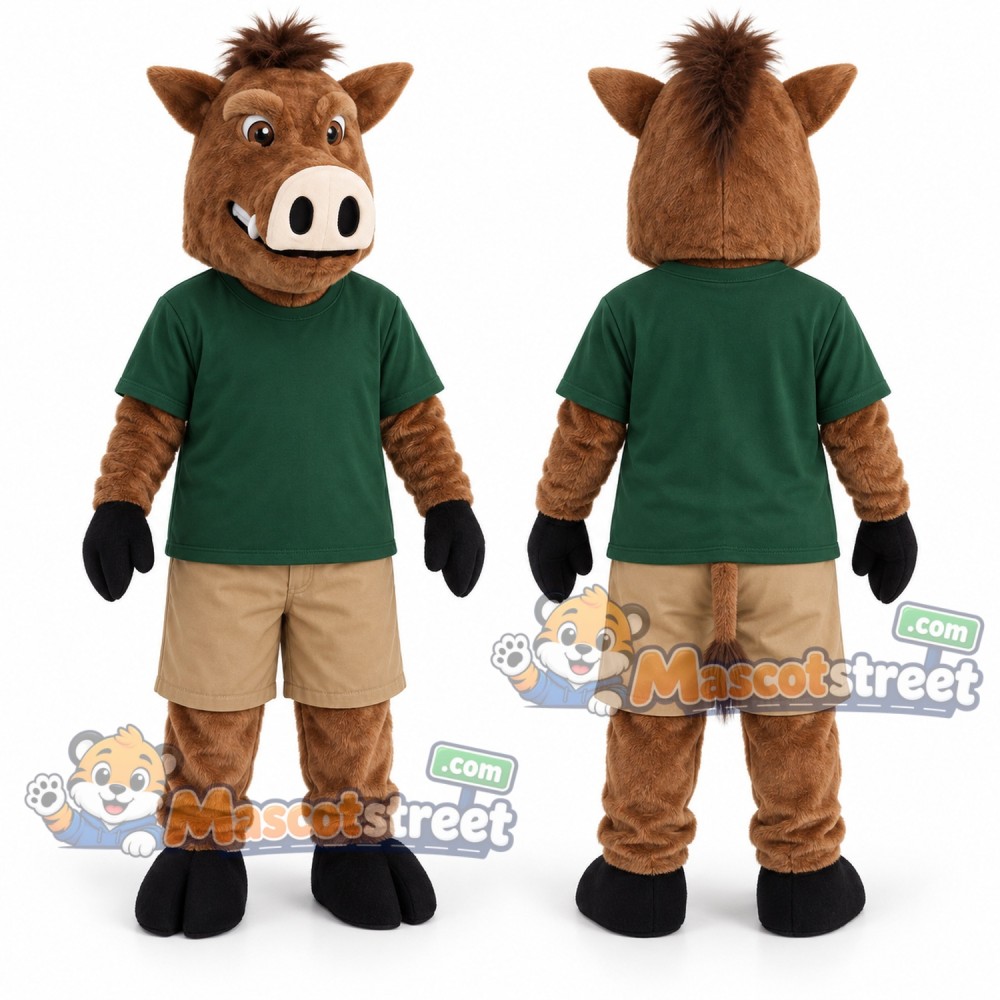 Brown Boar Mascot Costume with Green Shirt and Khaki Shorts