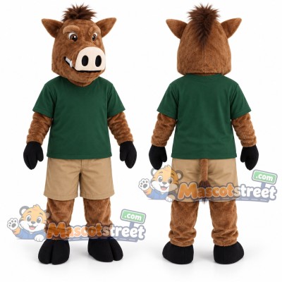 Brown Boar Mascot Costume with Green Shirt and Khaki Shorts