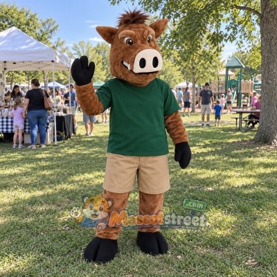 Brown Boar Mascot Costume with Green Shirt and Khaki Shorts