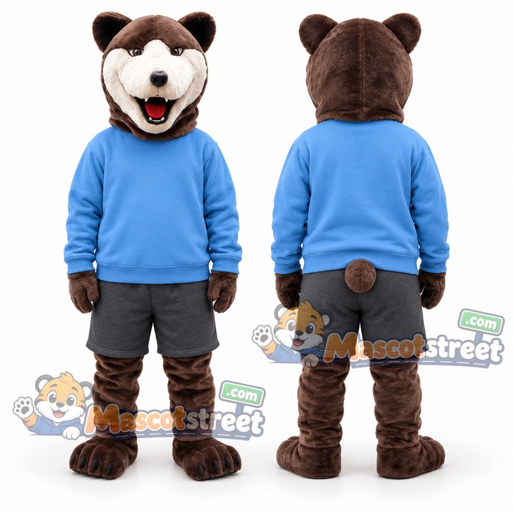 Brown Bear Mascot Costume with Blue Sweater and Gray Shorts