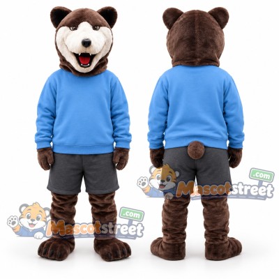 Brown Bear Mascot Costume with Blue Sweater and Gray Shorts