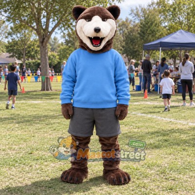 Brown Bear Mascot Costume with Blue Sweater and Gray Shorts