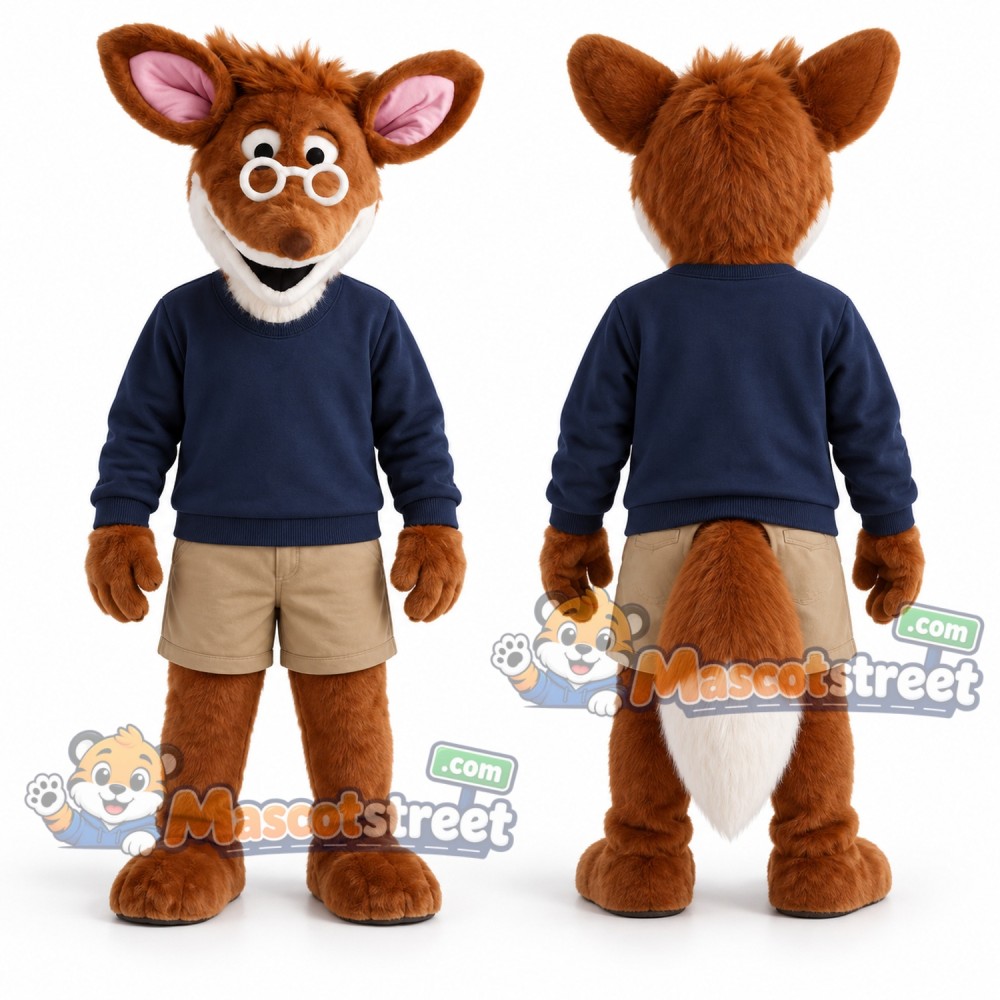 Orange Fox Mascot Costume with Navy Sweater and Khaki Shorts Orange Fox Mascot Costume with Navy Sweater and Khaki Shorts