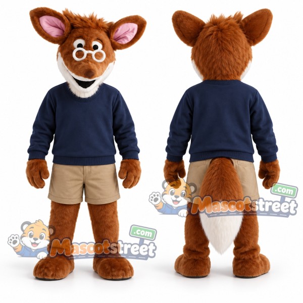 Orange Fox Mascot Costume with Navy Sweater and Khaki Shorts