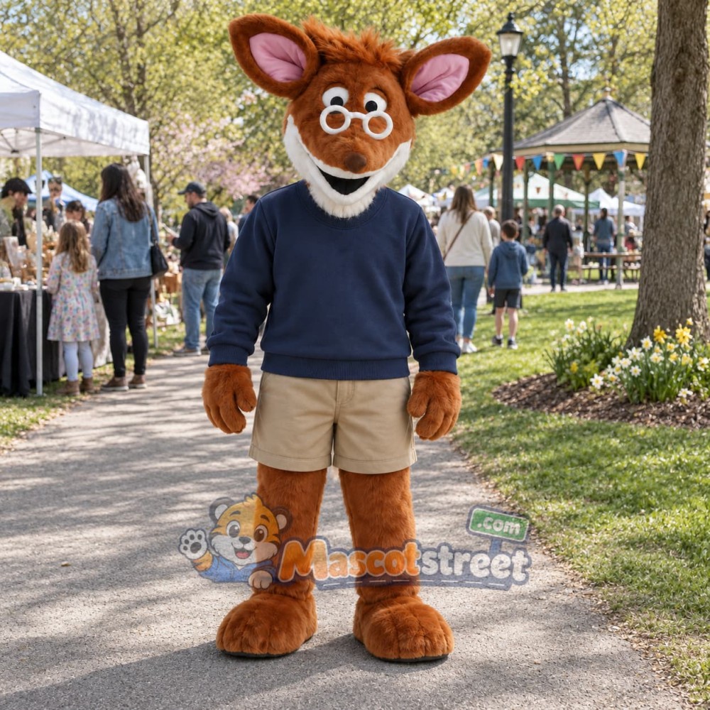 Orange Fox Mascot Costume with Navy Sweater and Khaki Shorts Orange Fox Mascot Costume with Navy Sweater and Khaki Shorts