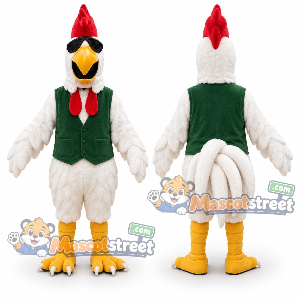 White Rooster Mascot Costume with Green Vest and Red Bow Tie