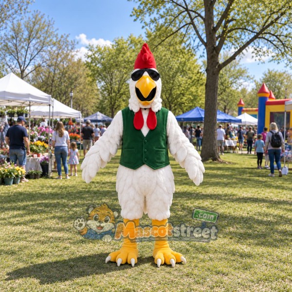 White Rooster Mascot Costume with Green Vest and Red Bow Tie