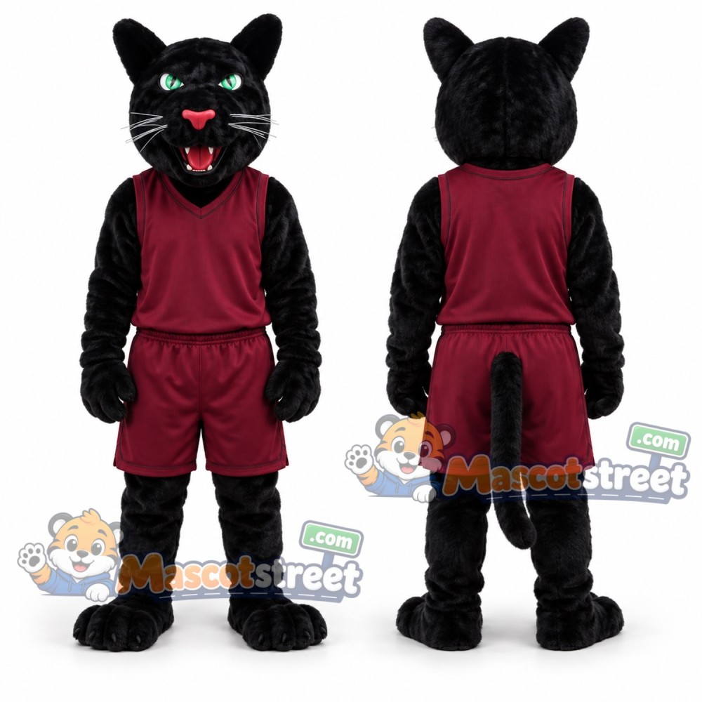 Black Panther Mascot Costume with Burgundy Shirt and Shorts