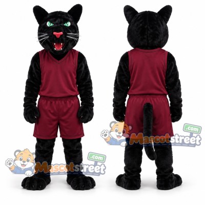Black Panther Mascot Costume with Burgundy Shirt and Shorts