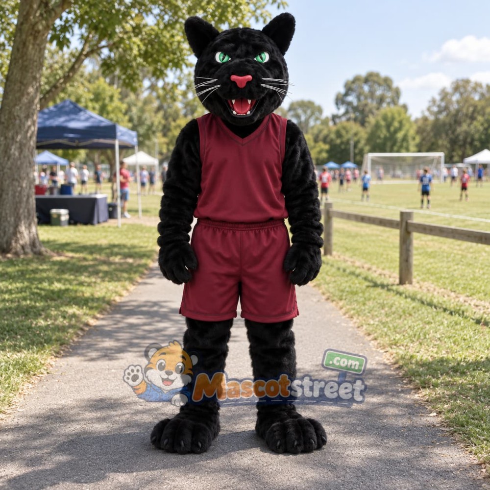 Black Panther Mascot Costume with Burgundy Shirt and Shorts