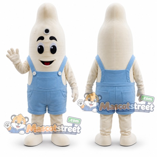 Cream Condom Character Mascot Costume with Blue Overalls