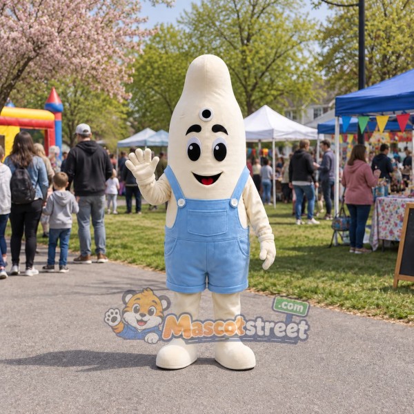 Cream Condom Character Mascot Costume with Blue Overalls