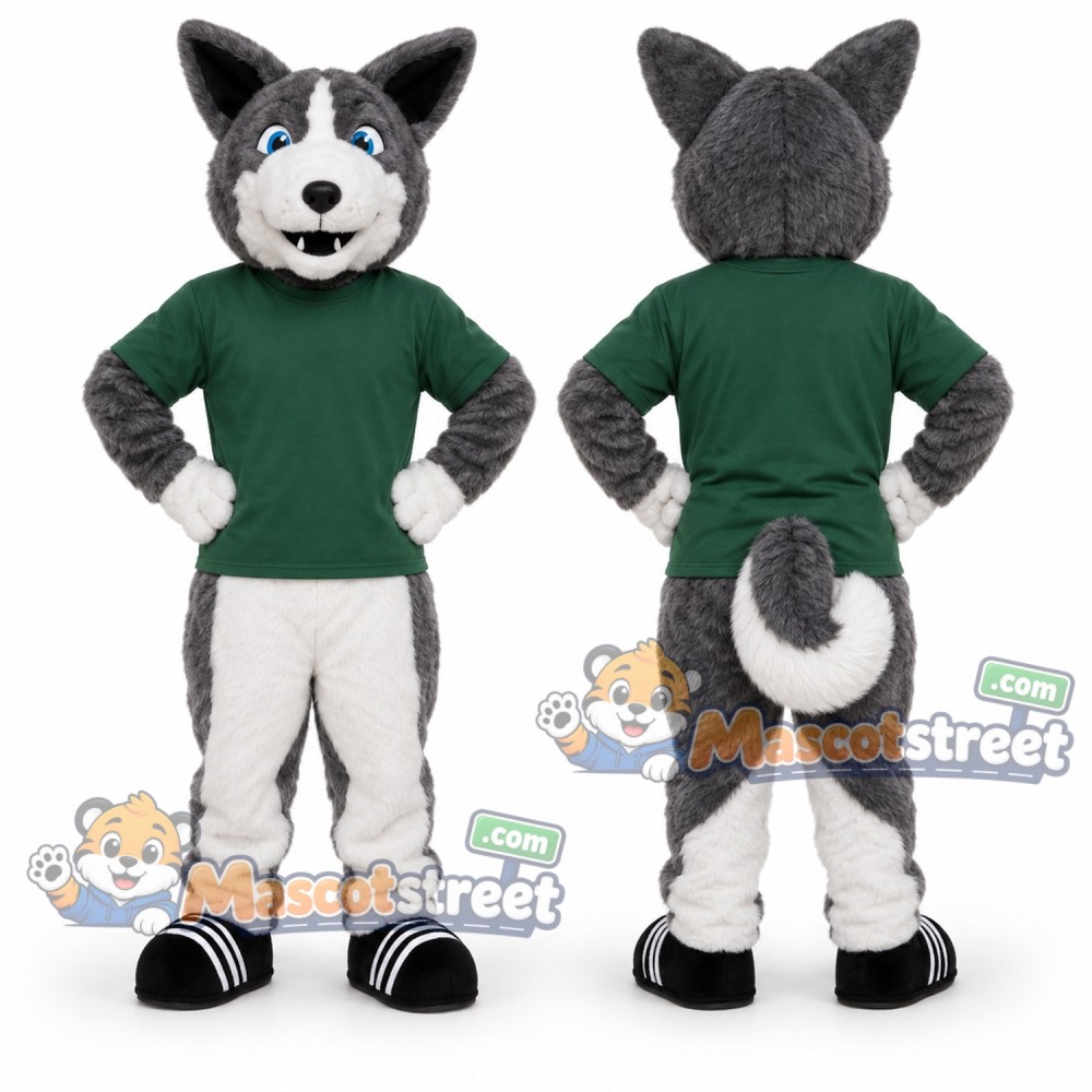 Gray Husky Mascot Costume with Green Shirt Gray Husky Mascot Costume with Green Shirt
