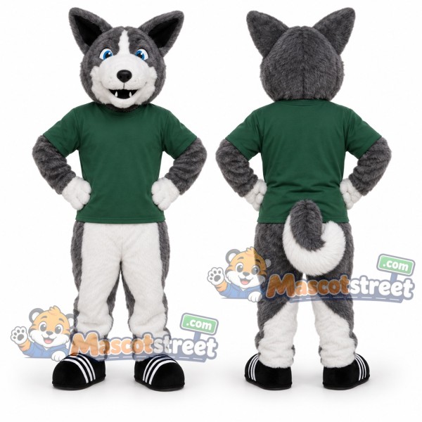 Gray Husky Mascot Costume with Green Shirt