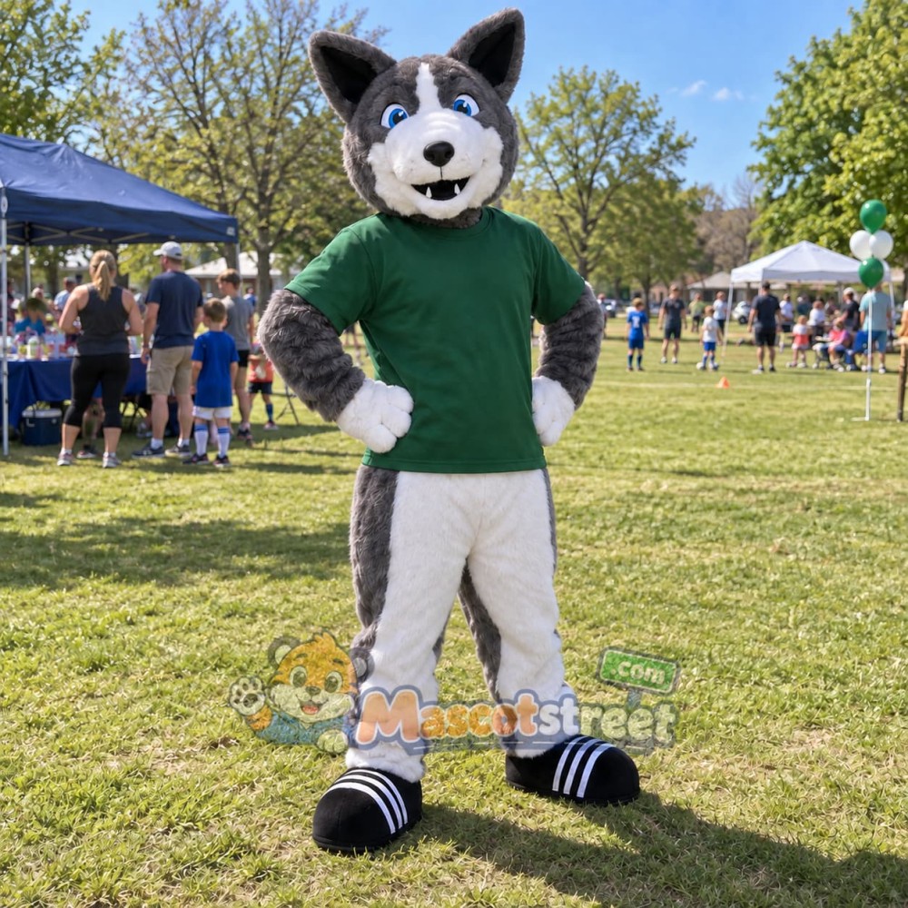 Gray Husky Mascot Costume with Green Shirt Gray Husky Mascot Costume with Green Shirt