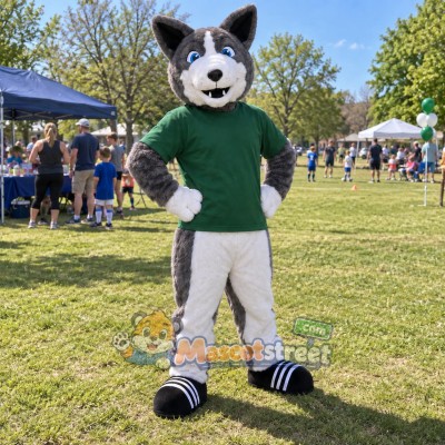Gray Husky Mascot Costume with Green Shirt Gray Husky Mascot Costume with Green Shirt