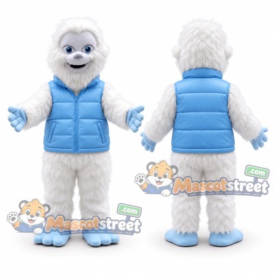 White Yeti Mascot Costume with Blue Puffer Vest White Yeti Mascot Costume with Blue Puffer Vest