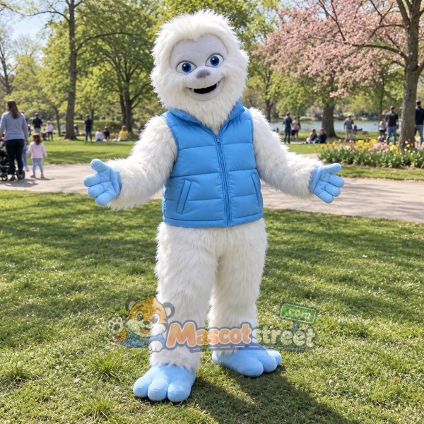 White Yeti Mascot Costume with Blue Puffer Vest