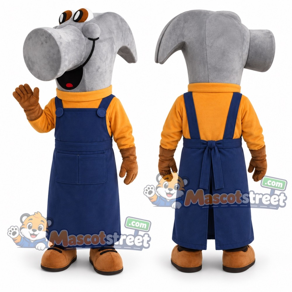 Hammer Character Mascot Costume with Orange Shirt and Navy Overalls Hammer Character Mascot Costume with Orange Shirt and Navy Overalls