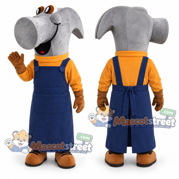 Hammer Character Mascot Costume with Orange Shirt and Navy Overalls