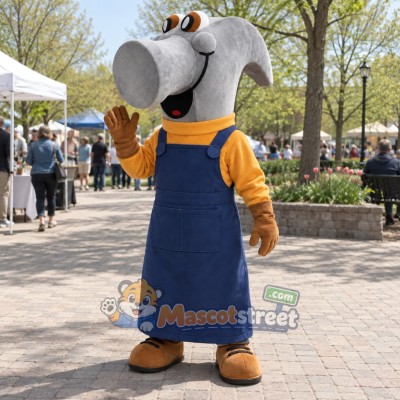 Hammer Character Mascot Costume with Orange Shirt and Navy Overalls Hammer Character Mascot Costume with Orange Shirt and Navy Overalls