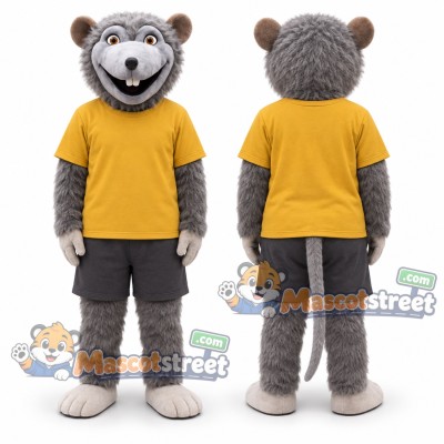 Gray Mouse Mascot Costume with Yellow Shirt and Gray Shorts Gray Mouse Mascot Costume with Yellow Shirt and Gray Shorts