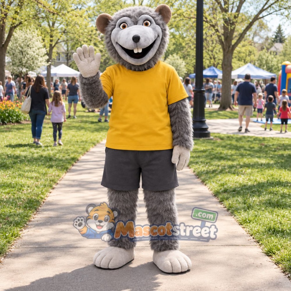 Gray Mouse Mascot Costume with Yellow Shirt and Gray Shorts Gray Mouse Mascot Costume with Yellow Shirt and Gray Shorts