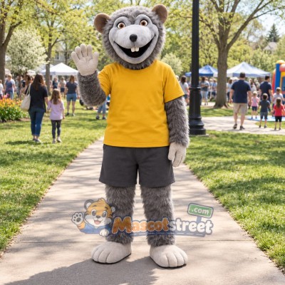 Gray Mouse Mascot Costume with Yellow Shirt and Gray Shorts Gray Mouse Mascot Costume with Yellow Shirt and Gray Shorts