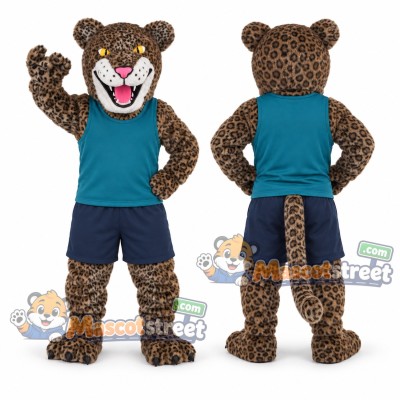 Spotted Leopard Mascot Costume with Teal Shirt and Navy Shorts Spotted Leopard Mascot Costume with Teal Shirt and Navy Shorts