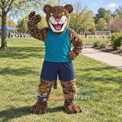 Spotted Leopard Mascot Costume with Teal Shirt and Navy Shorts Spotted Leopard Mascot Costume with Teal Shirt and Navy Shorts