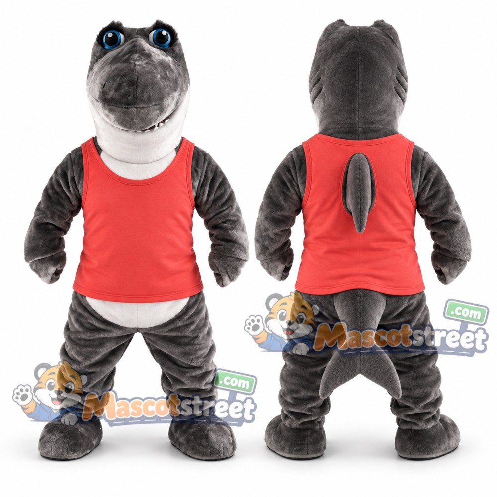 Gray Shark Mascot Costume with Red Shirt Gray Shark Mascot Costume with Red Shirt