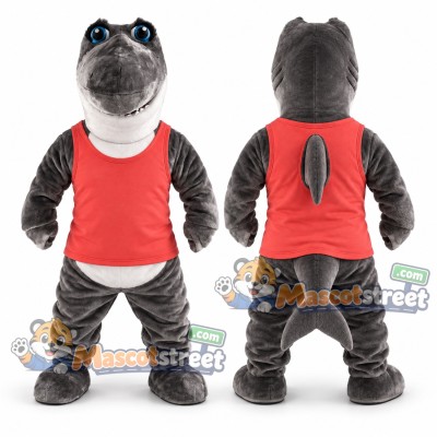 Gray Shark Mascot Costume with Red Shirt Gray Shark Mascot Costume with Red Shirt